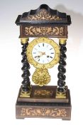 19th century French marquetry and ebonised portico clock, 21cm by 11cm by 49cm.