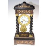 19th century French marquetry and ebonised portico clock, 21cm by 11cm by 49cm.