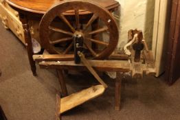 Mahogany corner table, pine tripod table, spinning wheel, small wooden stool (all 19th century),