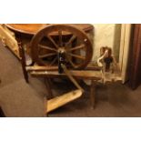 Mahogany corner table, pine tripod table, spinning wheel, small wooden stool (all 19th century),