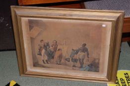 Framed 19th Century print 'A Meeting of Connoisseurs', Vetrianno print, two marquetry pictures,