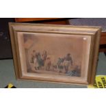 Framed 19th Century print 'A Meeting of Connoisseurs', Vetrianno print, two marquetry pictures,