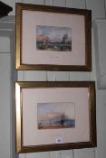 After Turner, pair watercolours of coastal scenes, 15cm by 22cm, framed.