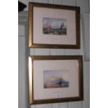 After Turner, pair watercolours of coastal scenes, 15cm by 22cm, framed.