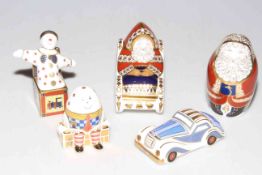 Five Royal Crown Derby paperweights, Jack in the Box, Humpty Dumpty and Car (no stoppers),