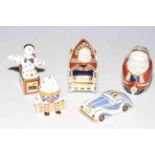 Five Royal Crown Derby paperweights, Jack in the Box, Humpty Dumpty and Car (no stoppers),