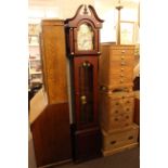 Modern mahogany effect triple weight longcase clock, signed PR Westminster Germany, 212cm high.