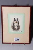 DM & EM Alderson 1976, watercolour portrait of grey shire horses head, 11.5cm by 9cm, framed.