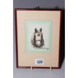 DM & EM Alderson 1976, watercolour portrait of grey shire horses head, 11.5cm by 9cm, framed.