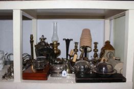 Collection of silver plate, brass oil lamp, pair of brass candlesticks, two table lamps,