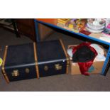 Canvas bound trunk, quilts and linen, bowler hat, lace bobbins, etc.