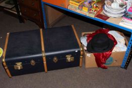 Canvas bound trunk, quilts and linen, bowler hat, lace bobbins, etc.