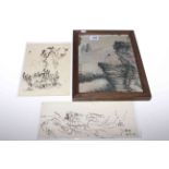 Three Chinese artworks/drawings, largest framed 33cm by 24cm.