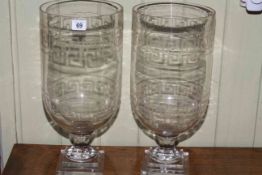 Pair large glass urn vases/candle lamps with engraved Grecian key bands, 42cm.