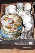 Three boxes of glass and china, collectors plates, teaware, etc.