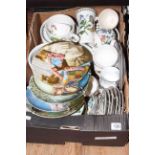 Three boxes of glass and china, collectors plates, teaware, etc.