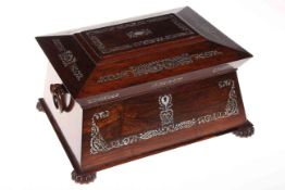 Good rosewood and mother of pearl twin handled sewing box, 30cm by 23cm by 18cm.
