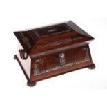 Good rosewood and mother of pearl twin handled sewing box, 30cm by 23cm by 18cm.