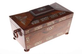 Good rosewood and mother of pearl inlaid tea caddy with compartments and glass mixing bowl,