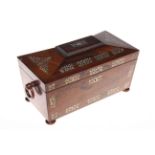 Good rosewood and mother of pearl inlaid tea caddy with compartments and glass mixing bowl,