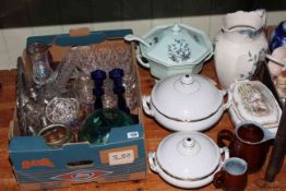 Collection of mixed china, glass and pictures in five boxes.
