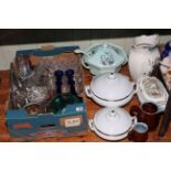 Collection of mixed china, glass and pictures in five boxes.