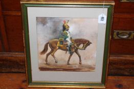 Watercolour of Guardsman on horseback, signed JEK 50, 27cm by 25cm, framed.