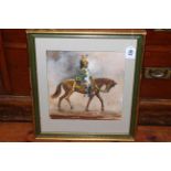 Watercolour of Guardsman on horseback, signed JEK 50, 27cm by 25cm, framed.