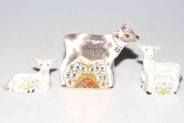 Three Royal Crown Derby paperweights, Bluebell Calf, and limited edition Bo and Peep,