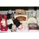 Collection of dolls and teddies including Beatrix Potter dolls.