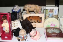 Collection of dolls and teddies including Beatrix Potter dolls.