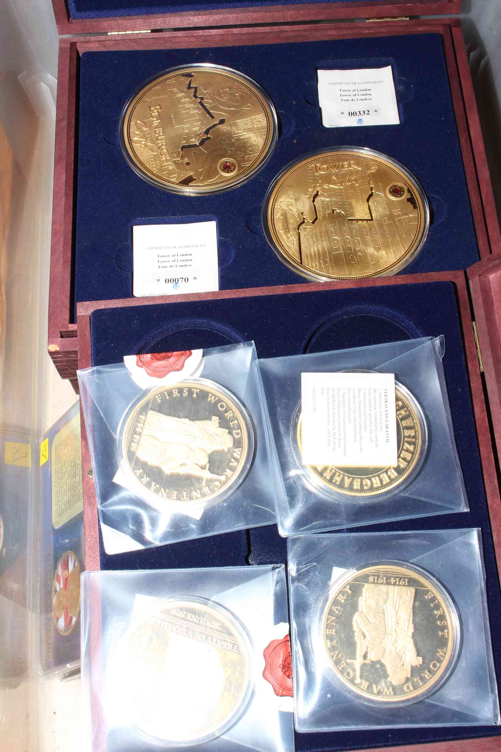 Collection of gold plated bars, medals and nickel coins, - Image 2 of 3
