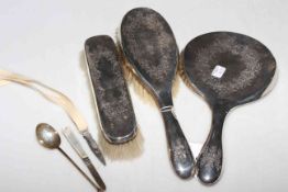 Three piece silver brush and mirror set, and bookmark, folding knife and spoon (6).