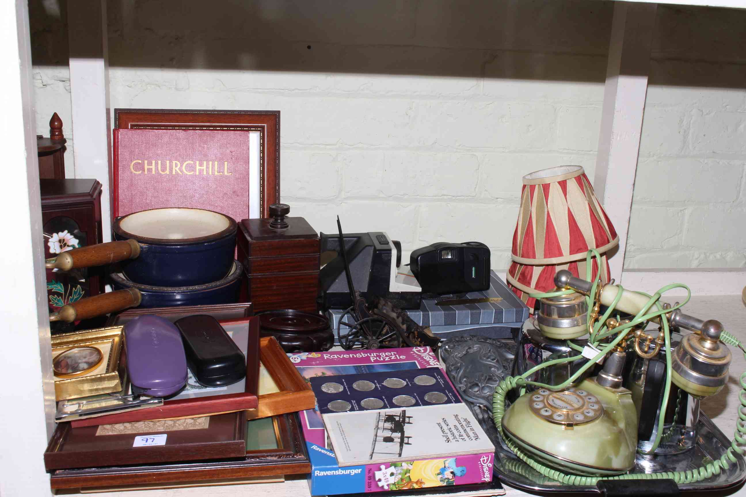 Full shelf of collectables including copper and brasswares, collar boxes, inlaid candle box, - Image 4 of 4