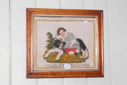 19th Century maple framed needlework 'Charley & Rover', 38cm by 44cm overall.