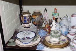 Pair of Oriental vases, figures, three pieces blue and white eggshell tea set, pair of ginger jars,