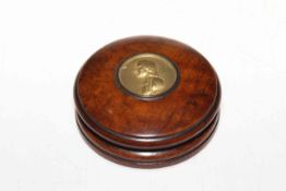 Treen John Wesley table snuff box, with relief inset portrait, 13cm diameter.