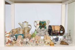 Full shelf of glass and china including Elizabethan white tableware, Lilliput Lane cottage,