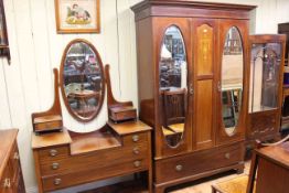 Edwardian inlaid double oval mirror door wardrobe, dressing table and pair bedroom chairs,
