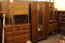 1920's/30's slim oak mirror door three piece bedroom suite (dressing table lacking mirror) and