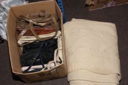 Six boxes of lace and linen, Durham quilt, Paisley throw, head scarfs, Glenalmond tweed bag,