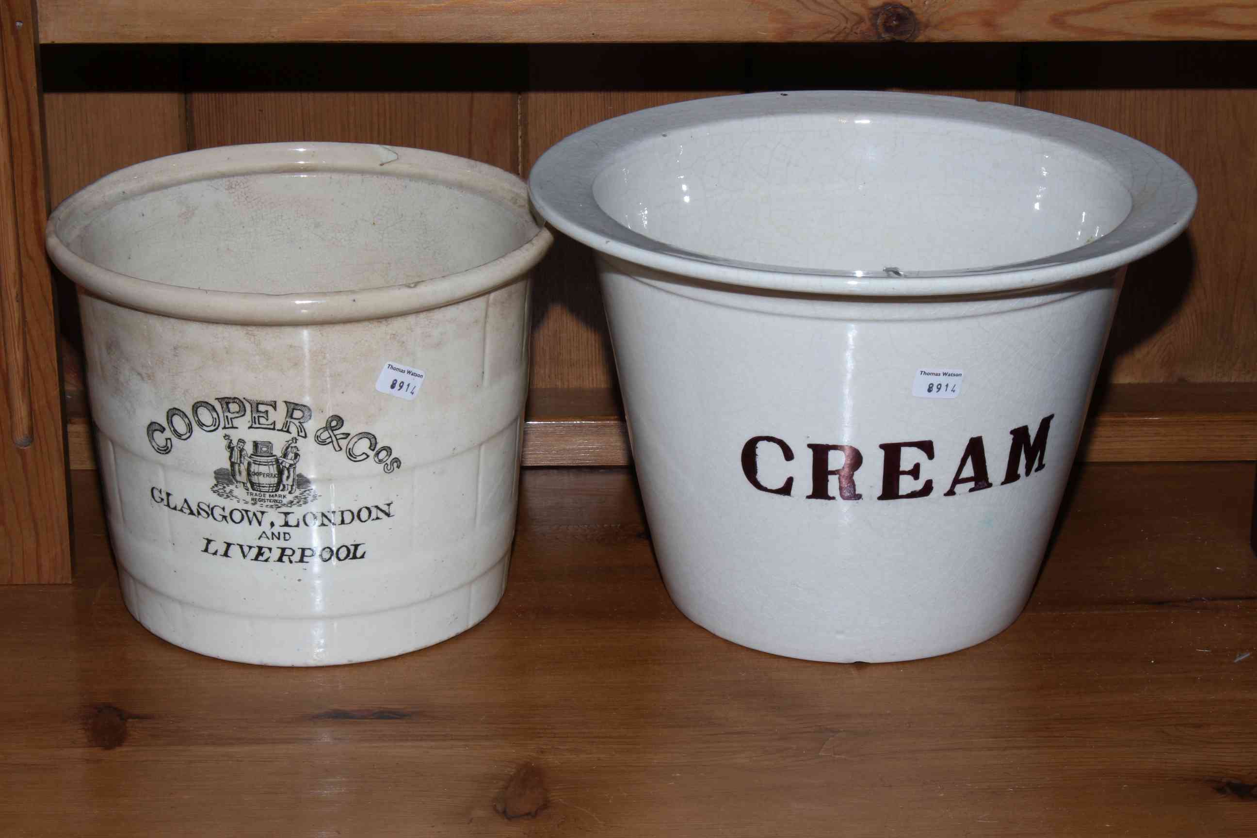 Two shop advert pots 'Cream' and Cooper & Co, Glasgow, Liverpool and London.