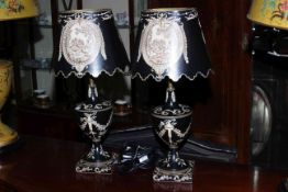 Pair of as new Classical design black table lamps with shades, 55cm high.