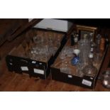 Two boxes with glass decanters, vase, sherry and other glasses, Waterford Angel,