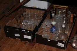 Two boxes with glass decanters, vase, sherry and other glasses, Waterford Angel,