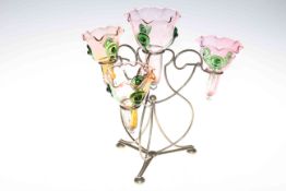 EP and glass table centre epergne with central flute and three branched flutes, 32cm high.