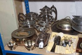 Four piece silver plated tea set, sugar and cream, plates, tray cutlery, five glass bowls,