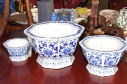 Set of three blue and white Oriental design octagonal pottery planters decorated with Oriental