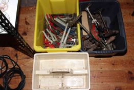 Extensive collection of hand tools including brace and bits, assorted hammers and saws,