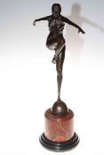 Art Deco style bronze model of a dancing lady on marble base, 56cm.
